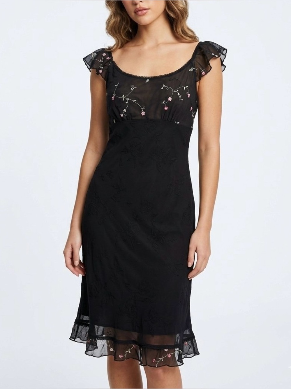 I.N. Studio Y2K Vintage Black Midi Dress with Pink Floral Embroidery